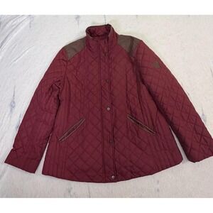 Lauren Ralph Lauren Womens L Burgundy Quilted Jacket‎ Faux Leather Trim Coat